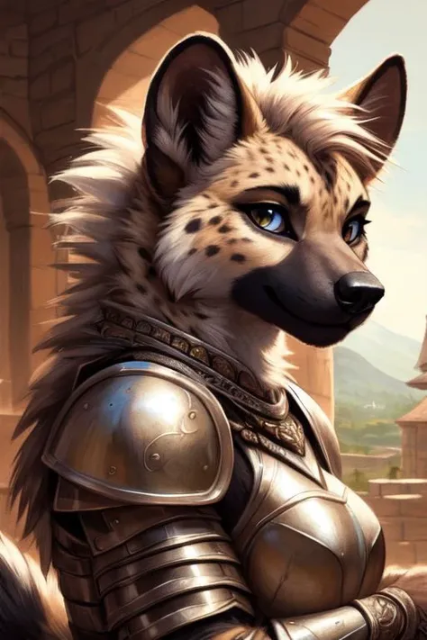 (hyena:1.2), (fluffy:1.2), (anthro:1.2), (furry:1.2), female, (armor:1.2), (medieval armor:1.2), (tail:1.2), (detailed eyes:1.3), (pupils:1.2), (detailed face:1.4), (detailed photo:1.4), (detailed fur:1.2), (clear face:1.2), (high quality:1.4), (beautiful artwork:1.4), (sharp:1.1), (e621 post), (posted on e621), (focused photo:1.1), (high resolution:1.4), (fantasy scene), (Traditional Media:1.2), (Amazing Artwork:1.1), (intricate details:1.2), (detailed portrait:1.2), (closeup:1.0)