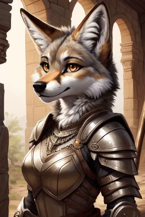 (coyote:1.4), (fluffy:1.2), (anthro:1.2), (furry:1.2), female, (armor:1.2), (medieval armor:1.2), (tail:1.2), (detailed eyes:1.3), (pupils:1.2), (detailed face:1.4), (detailed photo:1.4), (detailed fur:1.2), (clear face:1.2), (high quality:1.4), (beautiful artwork:1.4), (sharp:1.1), (e621 post), (posted on e621), (focused photo:1.1), (high resolution:1.4), (fantasy scene), (Traditional Media:1.2), (Amazing Artwork:1.1), (intricate details:1.2), (detailed portrait:1.2), (closeup:1.0)