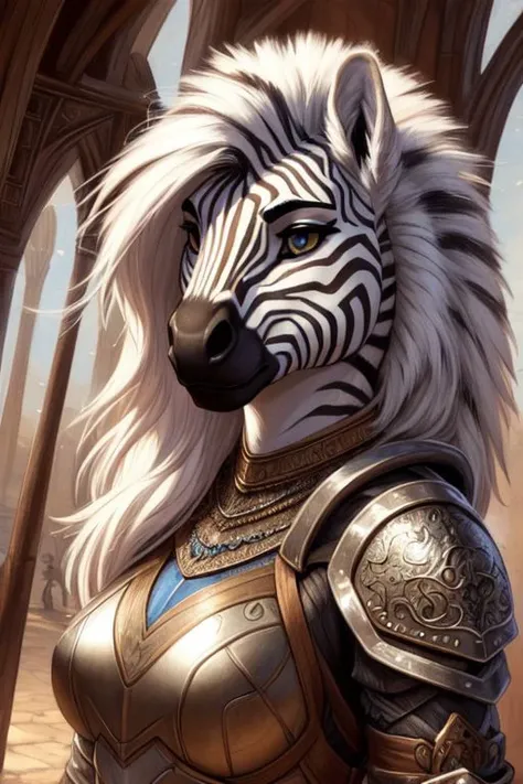 (zebra:1.2), (fluffy:1.2), (anthro:1.2), (furry:1.2), female, (armor:1.2), (medieval armor:1.2), (tail:1.2), (detailed eyes:1.3), (pupils:1.2), (detailed face:1.4), (detailed photo:1.4), (detailed fur:1.2), (clear face:1.2), (high quality:1.4), (beautiful artwork:1.4), (sharp:1.1), (e621 post), (posted on e621), (focused photo:1.1), (high resolution:1.4), (fantasy scene), (Traditional Media:1.2), (Amazing Artwork:1.1), (intricate details:1.2), (detailed portrait:1.2), (closeup:1.0)