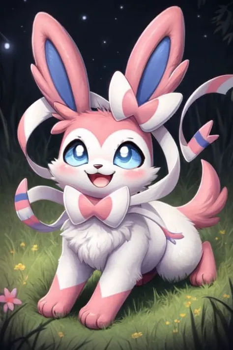 sylveon,animal focus,cute,nigth,grass,flower, very happy, on all fours, feral, pokmon, full body, chibi, zoom out, sexy expression, sexy face<lora:Sylveon:0.75>
