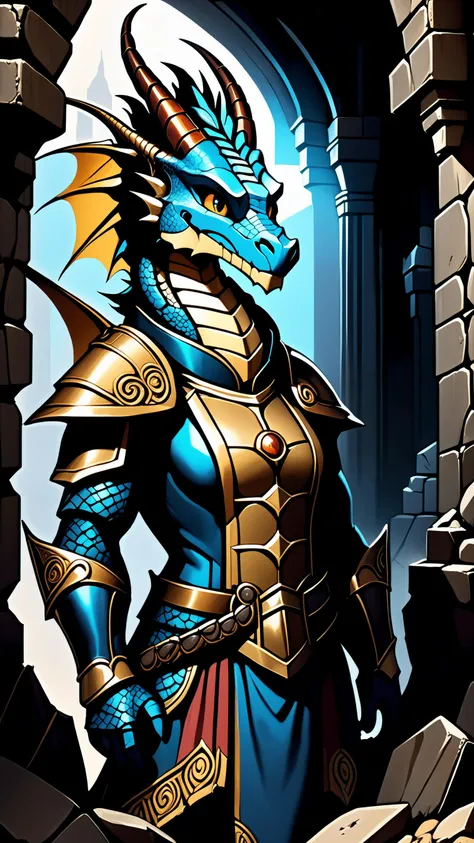 high fantasy aesthetics, highest quality, extreme face close-up a dark and moody fantasy concept art of a tiny and cute dragon smiling and wearing an intricate breastplate in a temple hidden beneath the rubble of an abandoned city with secret passages and hidden rooms waiting to be discovered, featuring crumbling ruins and overgrown streets, magical swirls of energy, high quality, highly detailed, 4k, 8k