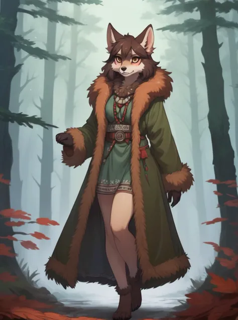 a furry female foc, wearing thick pelt coat, in a foggy forest, germanic tribal style, anime style, thick cartoon outline