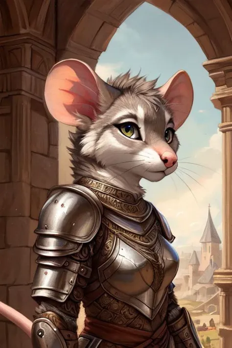 (mouse:1.2), (fluffy:1.2), (anthro:1.2), (furry:1.2), female, (armor:1.2), (medieval armor:1.2), (tail:1.2), (detailed eyes:1.3), (pupils:1.2), (detailed face:1.4), (detailed photo:1.4), (detailed fur:1.2), (clear face:1.2), (high quality:1.4), (beautiful artwork:1.4), (sharp:1.1), (e621 post), (posted on e621), (focused photo:1.1), (high resolution:1.4), (fantasy scene), (Traditional Media:1.2), (Amazing Artwork:1.1), (intricate details:1.2), (detailed portrait:1.2), (closeup:1.0)