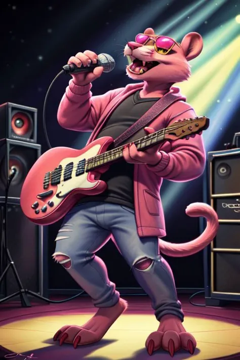 Pink panther, anthro pink,pink fur, cheek tuft, pink panther tail, pink sunglasses, standing, full-length portrait, playing electric guitar, microphone, singing, open mouth, fangs, wearing black v-neck sweatshirt, jeans, red claws, (masterpiece, highly detailed, best quality:1.3), detailed fur, coat yellow eye R&B soul