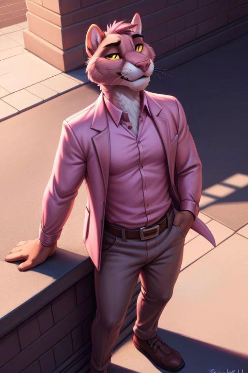 <lora:Pink panther-09:0.9>, Pink panther, solo, shirt, long sleeves, standing, pink jacket, pink shirt, male focus, open clothes, collared shirt, belt, pants, open jacket, formal, suit, pink jacket, shirt tucked in, pink belt, body fur, grey pants, pink pants, yellow sclera, two-tone fur, by zackarry911, by zaush, (by personalami:0.5), (soft shading), 4k, hi res, detailed eyes, high angle view funky pink clothes