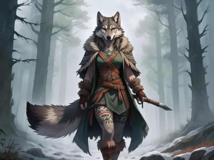 a furry female wolf warrior, wearing thick pelt coat, in a foggy forest, germanic tribal tattoos, anime style