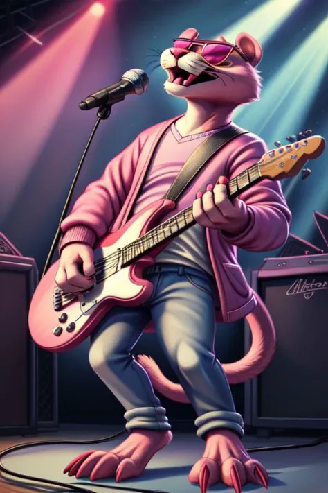 Pink panther, anthro pink,pink fur, cheek tuft, pink panther tail, pink sunglasses, standing, full-length portrait, playing electric guitar, microphone, singing, open mouth, fangs, wearing black v-neck sweatshirt, jeans, red claws, (masterpiece, highly detailed, best quality:1.3), detailed fur, coat yellow eye
