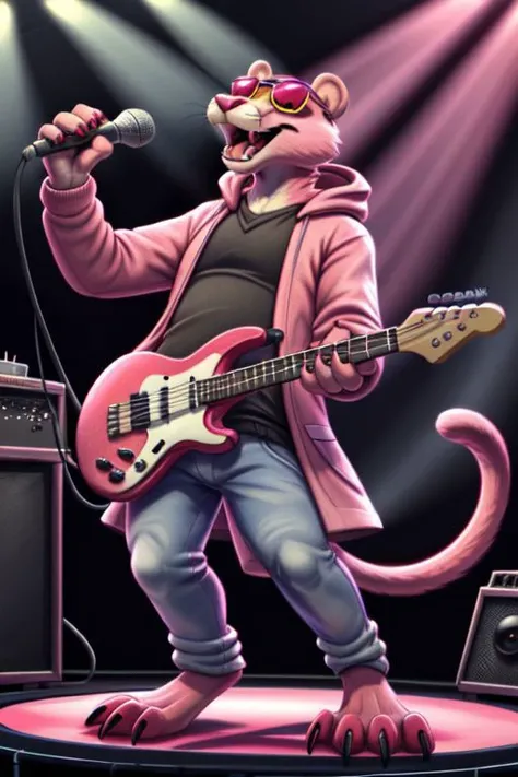 Pink panther, anthro pink,pink fur, cheek tuft, pink panther tail, pink sunglasses, standing, full-length portrait, playing electric guitar, microphone, singing, open mouth, fangs, wearing black v-neck sweatshirt, jeans, red claws, (masterpiece, highly detailed, best quality:1.3), detailed fur, coat yellow eye