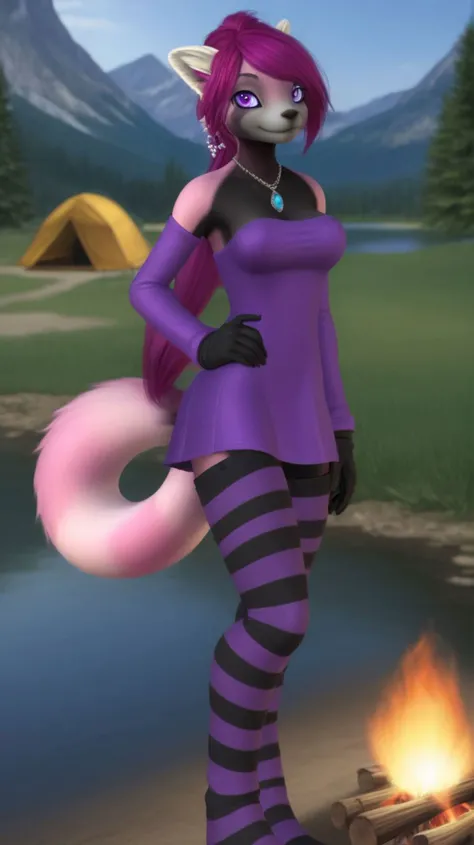(best quality),(highly detailed),masterpiece,detailed face,beautiful face,(detailed eyes, deep eyes),(1girl:1.33, solo),full body,very long hair,earrings,(grin:0.9),navel,purple elbow gloves,purple thighboots,breasts,necklace,side ponytail,jewelry,belt,thighhighs,ponytail,standing,campground,campfire,grass,tent,pond,small head,adult body,<lora:Marusame_OC_Character-000009:1>,dress,