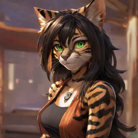 An anthropomorphic furry bengal cat. They have long black hair, with dark brown highlights, in a feathered style, green eyes, and fur patterns that resemble a bengal cat. The hairstyle reaches down shoulder-length. Hair has warm highlights. Their fur is a warm red-orange, and their undercoat is a cream-white. They are sleek, lightfooted, and dexterous. They are playful, whimsical, and upbeat. Pose them in a way that makes it seem they are inviting the viewer for intimacy, laying down. Draw in a painterly concept art style. Clean image. Make the age of the character mid 20s.