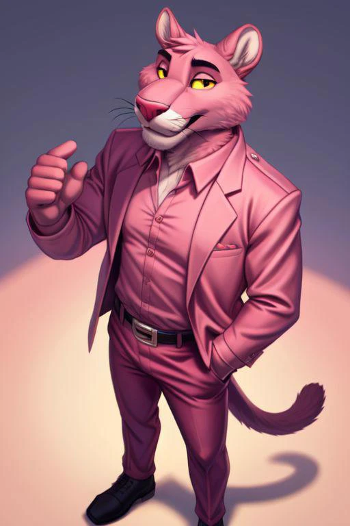 <lora:Pink panther-09:0.9>, Pink panther, solo, shirt, long sleeves, standing, pink jacket, pink shirt, male focus, open clothes, collared shirt, belt, pants, open jacket, formal, suit, pink jacket, shirt tucked in, pink belt, body fur, grey pants, pink pants, yellow sclera, two-tone fur, by Orion 12, by orion 12, (by orion 12:0.5), (soft shading), 4k, hi res, detailed eyes, high angle view You should love yourself now! pink tv pink panther tail