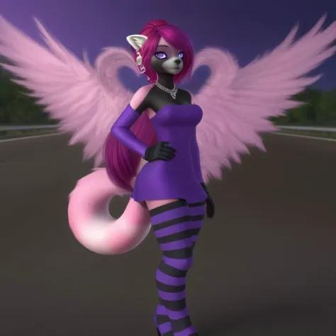(best quality),(highly detailed),masterpiece,detailed face,beautiful face,(detailed eyes, deep eyes),(1girl:1.33, solo),full body,very long hair,earrings,(grin:0.9),purple elbow gloves,purple thighboots,breasts,necklace,side ponytail,jewelry,thighhighs,ponytail,standing,<lora:Marusame_OC_Character-000009:1>,road,dress,wings,simple pink background,