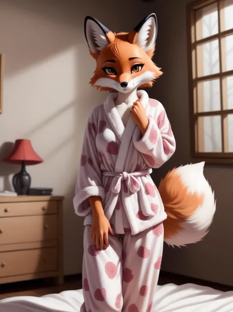 a solo female fox furry, indoor, in pajama, full body, anime style