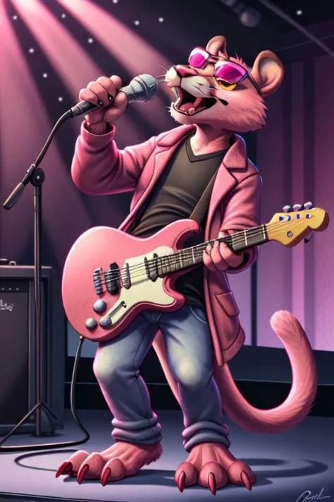 Pink panther, anthro pink,pink fur, cheek tuft, pink panther tail, pink sunglasses, standing, full-length portrait, playing electric guitar, microphone, singing, open mouth, fangs, wearing black v-neck sweatshirt, jeans, red claws, (masterpiece, highly detailed, best quality:1.3), detailed fur, coat yellow eye R&B soul