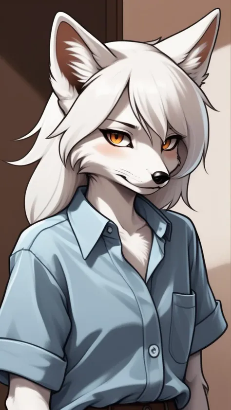 a female white fox furry, shy look, indoor, in oversized button up shirt, anime style, thick outline