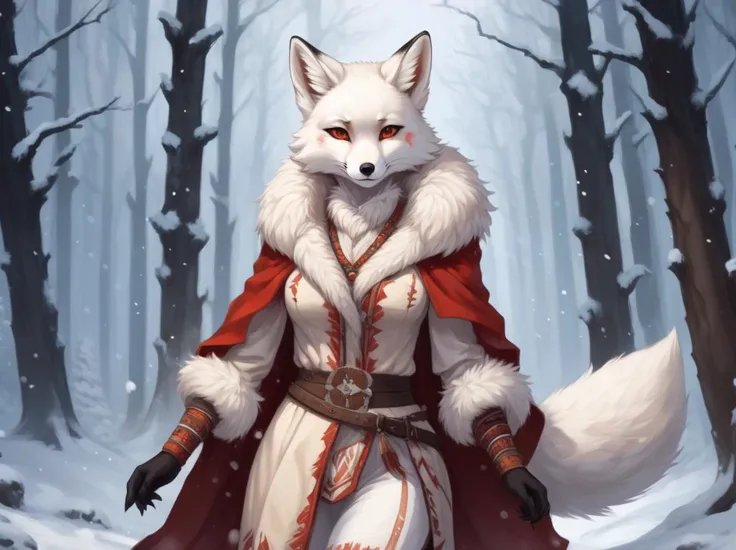 a furry female white fox, wearing thick pelt coat, in a snowy forest, germanic tribal style, anime style