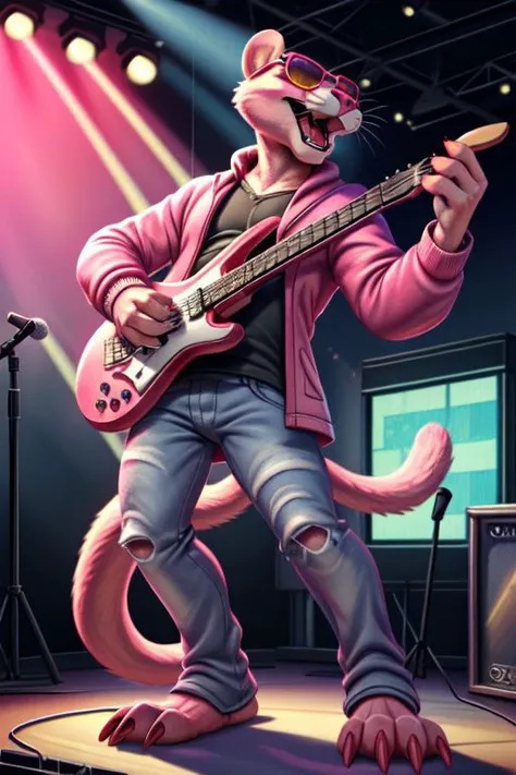 Pink panther, anthro pink,pink fur, cheek tuft, pink panther tail, pink sunglasses, standing, full-length portrait, playing electric guitar, microphone, singing, open mouth, fangs, wearing black v-neck sweatshirt, jeans, red claws, (masterpiece, highly detailed, best quality:1.3), detailed fur, coat yellow eye