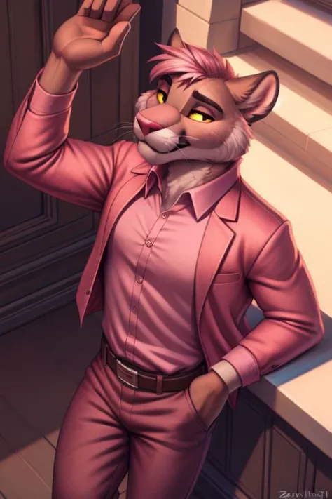 <lora:Pink panther-09:0.9>, Pink panther, solo, shirt, long sleeves, standing, pink jacket, pink shirt, male focus, open clothes, collared shirt, belt, pants, open jacket, formal, suit, pink jacket, shirt tucked in, pink belt, body fur, grey pants, pink pants, yellow sclera, two-tone fur, by zackarry911, by zaush, (by personalami:0.5), (soft shading), 4k, hi res, detailed eyes, high angle view funky pink clothes