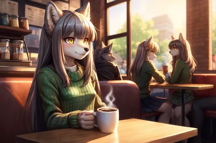 (anthropomorphic furry, female, wolf, long hair, gray fur, blunt bangs, small breasts, yellow eyes), green sweater, skirt, sitting, coffee shop, coffee mug, crowd, cute face, adorable face, (anime:1.1), detailed background, detailed eyes, detailed face, cinematic light, vivid colors <lora:GoodHands-beta2_Envy:1>