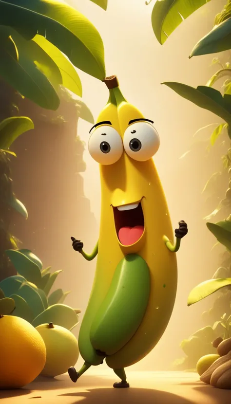 a happy cartoon banana fruit, Pixar Style, perfect composition, 8k artistic photography, photorealistic concept art, masterpiece