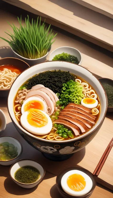 bowl of steaming hot ramen noodles, with a variety of toppings including sliced pork, boiled egg, green onions, and a sheet of nori (dried seaweed). The broth looks rich and flavorful, likely made from a combination of chicken, pork, and dashi.