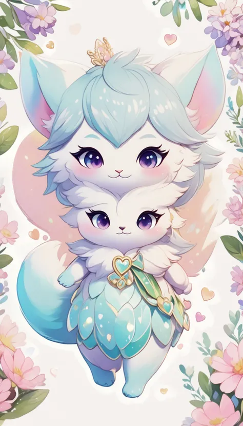 Sticker of a cute, round little animal with big, sparkling eyes and a gentle smile on its face. It has soft, pastel-colored fur. The small critter is surrounded by dainty, heart-shaped flowers in complementary pastel shades, adding to the sticker's overall charm.The white background provides the perfect canvas for this adorable creature, allowing its pastel features to pop and catch the eye. The sticker design exudes a warm and playful energy, making it an endearing addition to any item it adorns.