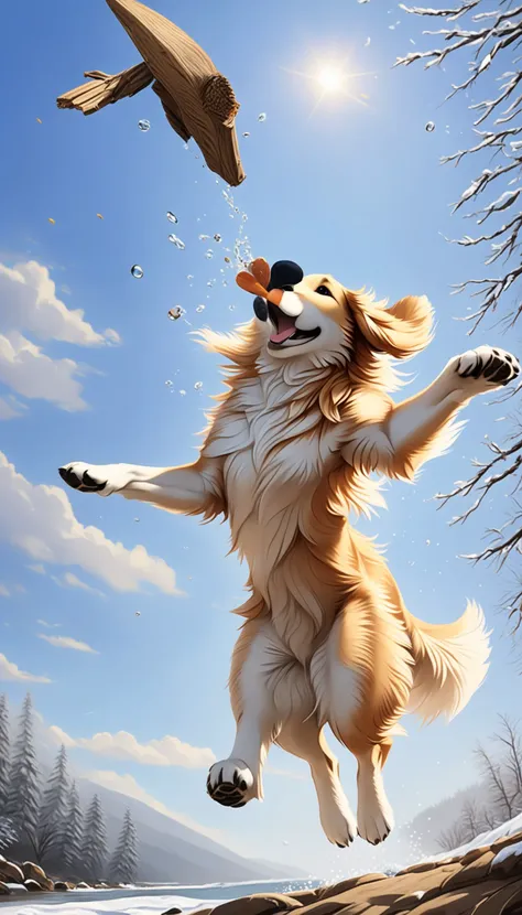 Golden retriever jumping to catch a stick