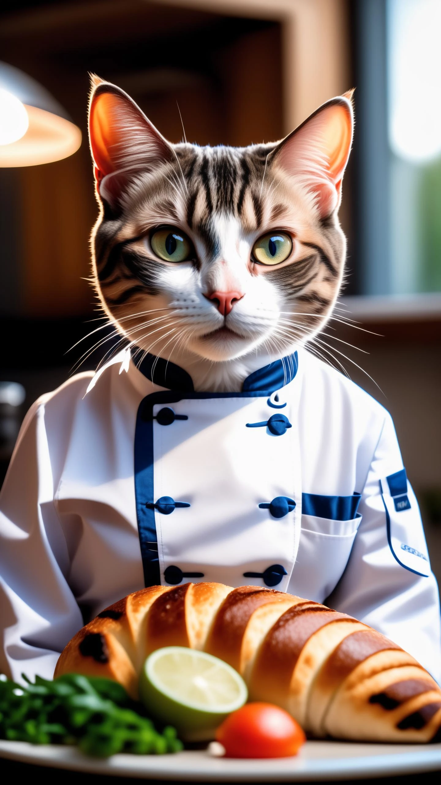 a cat, ((chef outfit)), epic scene, dynamic camera, backlight, (close up:1.2), high quality photography, 3 point lighting, flash with softbox, 4k, Canon EOS R3, hdr, smooth, sharp focus, high resolution, award winning photo, 80mm, f2.8, bokeh, detailed, realistic, 8k uhd, high quality
