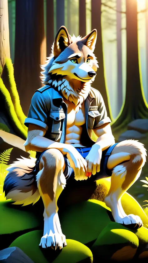 in the forest sitting on a mossy stone, (fluffy anthro furry:1), Fluffy curly fur, backlit by sunrise, (remarkable detailed eyes, perfect mouth), male, (wolf:1), cargo shorts, asymmetrical hair, detailed background, masterpiece, best quality, absurd res, subsurface scattering, cinematic lighting