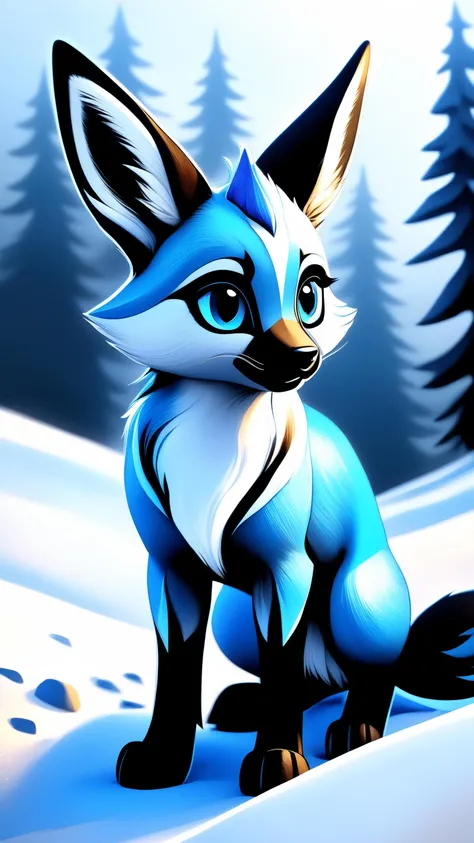 uploaded on e621, ((traditional media \(artwork\), by Foxovh, by Haps, by Vincent Van Gogh, [[by Kenket]])), solo ((chibi quadruped feral glaceon, dipstick tail, dipstick limbs)), (full-length portrait, three-quarter view, happy), ((detailed fluffy fur)), ((night forest, fog, mist, glowing plant, snow)), (blue lighting, yellow lighting), (masterpiece, best quality, ultra realistic, 4k, 2k, (high detail:1.3), film photography, (3d \(artwork\):1.2), blender \(software\), (soft focus:1.1), ray tracing, (unreal engine:1.3), RAW photo, photorealistic, analog style, subsurface scattering, photorealism, absurd res)