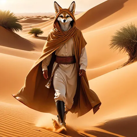 photographic, ultra detail, full detail, 8k best quality, realistic, 8k, micro intricate details, hyper realistic, intricate abstract, intricate artwork, abstract style, canine, clothed, fennec in Beduine clothing, face and head covered, background sand storm in desert, face cloth, covering face with hijab, walking in the sand, male, turban, kicking up sand