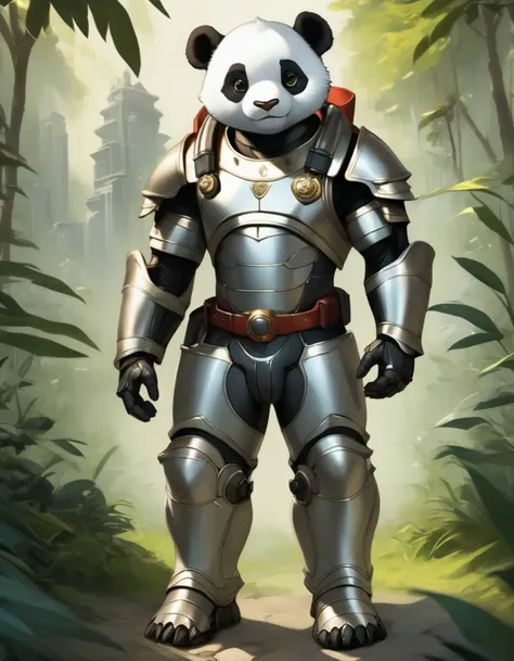 a super cute anthro humanoid male panda chibi knight, wearing firefighter mech armor, helmet, fantasy jungle temple in background