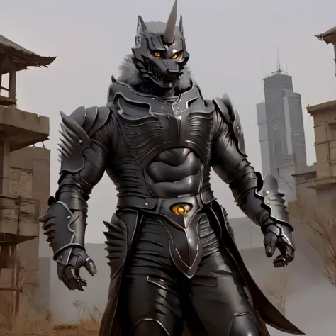 score_9, score_8_up, score_7_up, score_6_up, score_5_up, score_4_up,
dynamic action pose, male, handsome, powerful muscular body, (full body), (Totality Embodiment), breathtaking beauty, pure perfection, divine presence, unforgettable, impressive, chiaroscuro, night time,
black metal armor, grey wolf, grey body, grey skin, grey fur, villain, glowing yellow eyes, long white hair, wolf face helmet, wolf face mask, single horn on forehead, powerful muscular warrior like body, opened armored leather long jacket, thick arms, thick legs, wide thick chest, large pecs, abs, dashing, evil, villain, supervillain, detailed background, conquering a futuristic city, intimidating presence,
<lora:Zen_Aku_Power_Rangers_Wild_Force_AD_SDXL:0.85>
