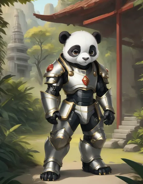 a super cute anthro humanoid male panda chibi knight, wearing firefighter mech armor, helmet, fantasy jungle temple in background