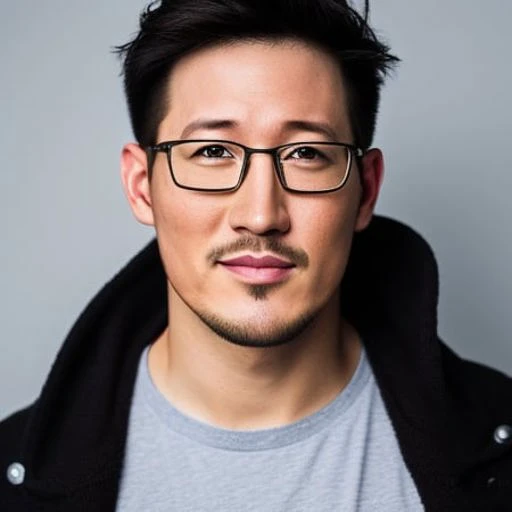 Markiplier, half korean,  half german, round  face, curly mid length hair,  portrait, youtube video, realistic, photograph, ring lighting,  ring lighting,  tyznedsk1