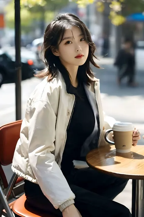 RAW photo, DSLR, film grain, Fujifilm XT3, (masterpiece, best quality:1.3), photorealistic quality, highly detailed, natural lighting, backlit, bokeh, new york street, sitting in a chair, table with one hot coffee in front, <lora:makina69_iu_v1.0:1> wearing white puffer jacket, black pants, looking at viewer