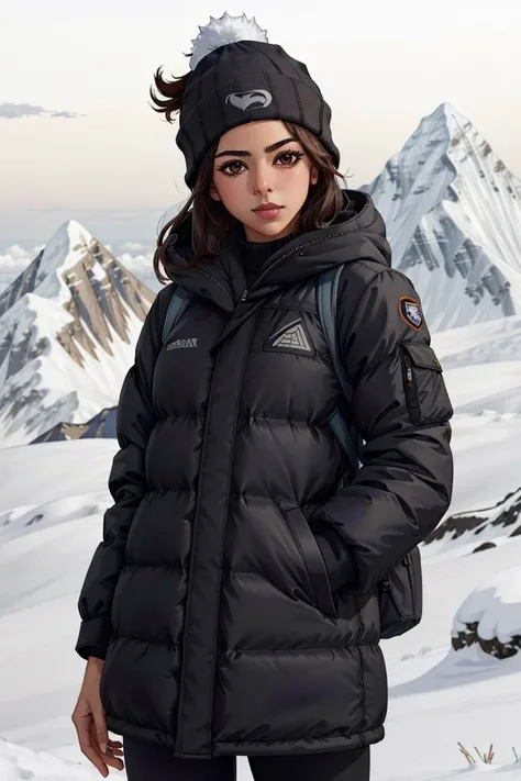 vector, 1girl , <lora:4li4:1> ,4li4 in winter clothes , on the mount Everest peak