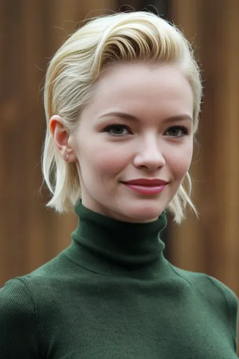 HD photo of beautiful mshn_talulahriley in a green turtleneck, shiny blonde pixie hairdo