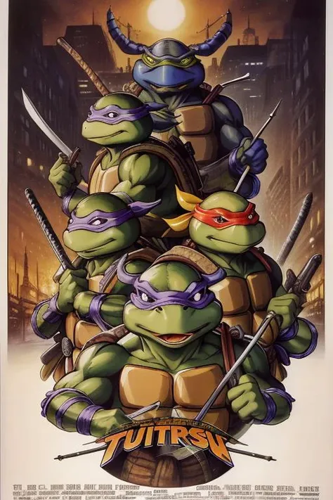 <lora:80s Poster Style:0.8> best quality, masterpiece, realistic, detailed, 80s movieer, ninjas, turtles <lora:tmnt87v2:0.5> (tmnt) holding a decapitated head, ashenhard style