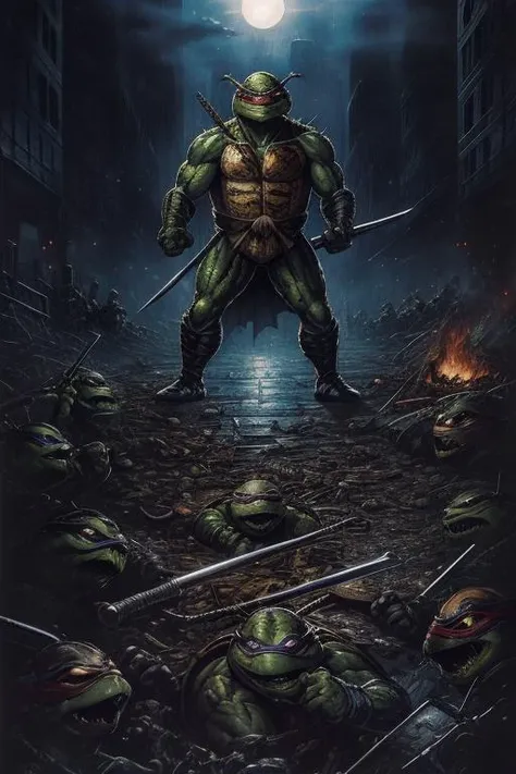 <lora:80s Movie Poster Style:0.8> best quality, masterpiece, realistic, detailed, 80s movie poster, ninjas, <lora:tmnt87v2:0.2> (tmnt) ashenhard style, (darkness:1.2), dead, corpses, lifeless carcass on the ground, evil, horror, weapons