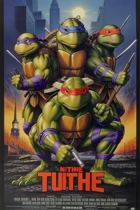 <lora:80s Movie Poster Style:0.5> best quality, masterpiece, realistic, detailed, 80s movie poster, ninjas, turtles,   <lora:tmnt87v2:0.4> tmnt