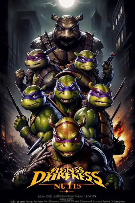 (darkness:1.2), <lora:80s Poster Style:0.8> best quality, masterpiece, realistic, detailed, 80s movieer, ninjas, turtles <lora:tmnt87v2:0.2> (tmnt) holding a decapitated head, ashenhard style