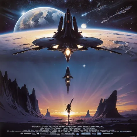 A spaceship hovers in space. Surreal harmony. Fantasy style. Fantasy dreamlike art. <lora:RMSDXL_Enhance:0.45> <lora:add-deatail-xl:0.8> <lora:SurrealHamrony:1> <lora:The_dark_Side_of_the_Earth:0.3> <lora:MJ52:0.5>, <lora:80s Poster Style v2:1> ,80s movieer