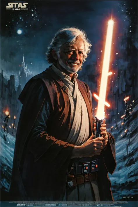80s movie poster, Luke, darth vader, sith, Star Wars, kingdom background, best quality, high quality, 8k, best quality, high quality, 8k, (bokeh:1.2), <lora:dooli_yiu_v10:0.4> <lora:epi_noiseoffset2:0.5> <lora:80s Movie Poster Style v2:0.9> <lora:Hide_da_painV2:0.8> (photo of harold as a jedi holding a lightsaber, Hide The Pain Harold:1.2) smiling