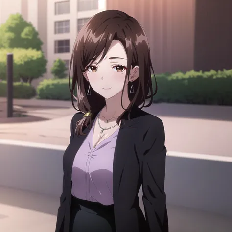 best quality, (masterpiece:1.2), highly detailed, outdoors, park, city,
1girl, solo, <lora:chara_HigeHiro_GotouAiri_v1:0.8>, gotou airi, one mole under eye,
looking at the viewer, large breasts, slight smile, closed mouth, mature female, (standing:1.2),
brown eyes, brown hair, long hair, necklace, earrings, black jacket, collarbone, pencil skirt, cleavage