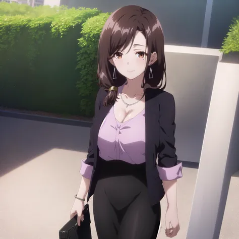 best quality, (masterpiece:1.2), highly detailed, outdoors, park, city,
1girl, solo, <lora:chara_HigeHiro_GotouAiri_v1:0.8>, gotou airi, one mole under eye,
looking at the viewer, large breasts, slight smile, closed mouth, mature female, (standing:1.2),
brown eyes, brown hair, long hair, necklace, earrings, black jacket, collarbone, pencil skirt, cleavage