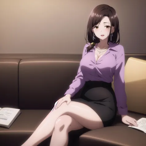best quality, (masterpiece:1.2), highly detailed, indoors, sitting, on couch,
1girl, solo, <lora:chara_HigeHiro_GotouAiri_v1:0.8>, gotou airi, one mole under eye,
looking at the viewer, standing, large breasts, slight smile, open mouth, mature female,
brown eyes, brown hair, long hair, necklace, earrings, purple shirt, pencil skirt, collarbone, crossed legs