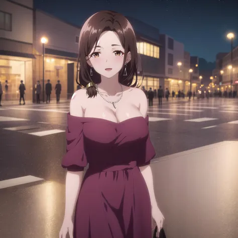 best quality, (masterpiece:1.2), highly detailed, outdoors, city, street, night, standing,
1girl, solo, <lora:chara_HigeHiro_GotouAiri_v1:0.8>, gotou airi, one mole under eye,
looking at the viewer, large breasts, slight smile, open mouth, mature female,
brown eyes, brown hair, long hair, necklace, earrings, collarbone, strapless dress, purple dress