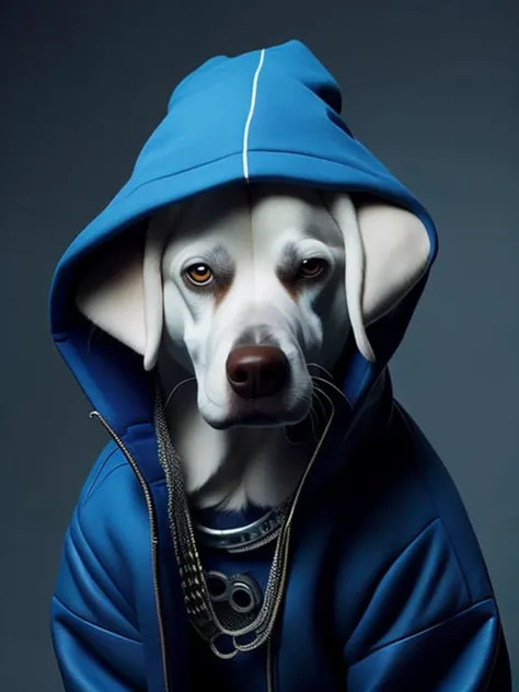 blackholeengine <lora:Wufhood:1>a dog wearing a blue hoodie and a chain around it's neck