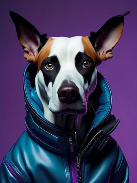 blackholeengine <lora:Wufhood:1>a dog wearing a blue space suit with a purple background and a purple background